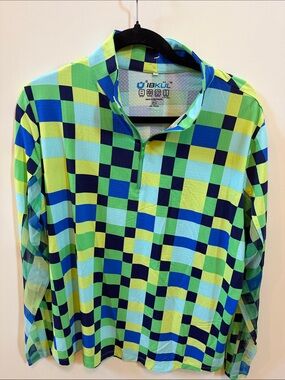 IBKUL Women's Long-Sleeve Checker Quarter-Zip in Lime Green, Navy & Aqua